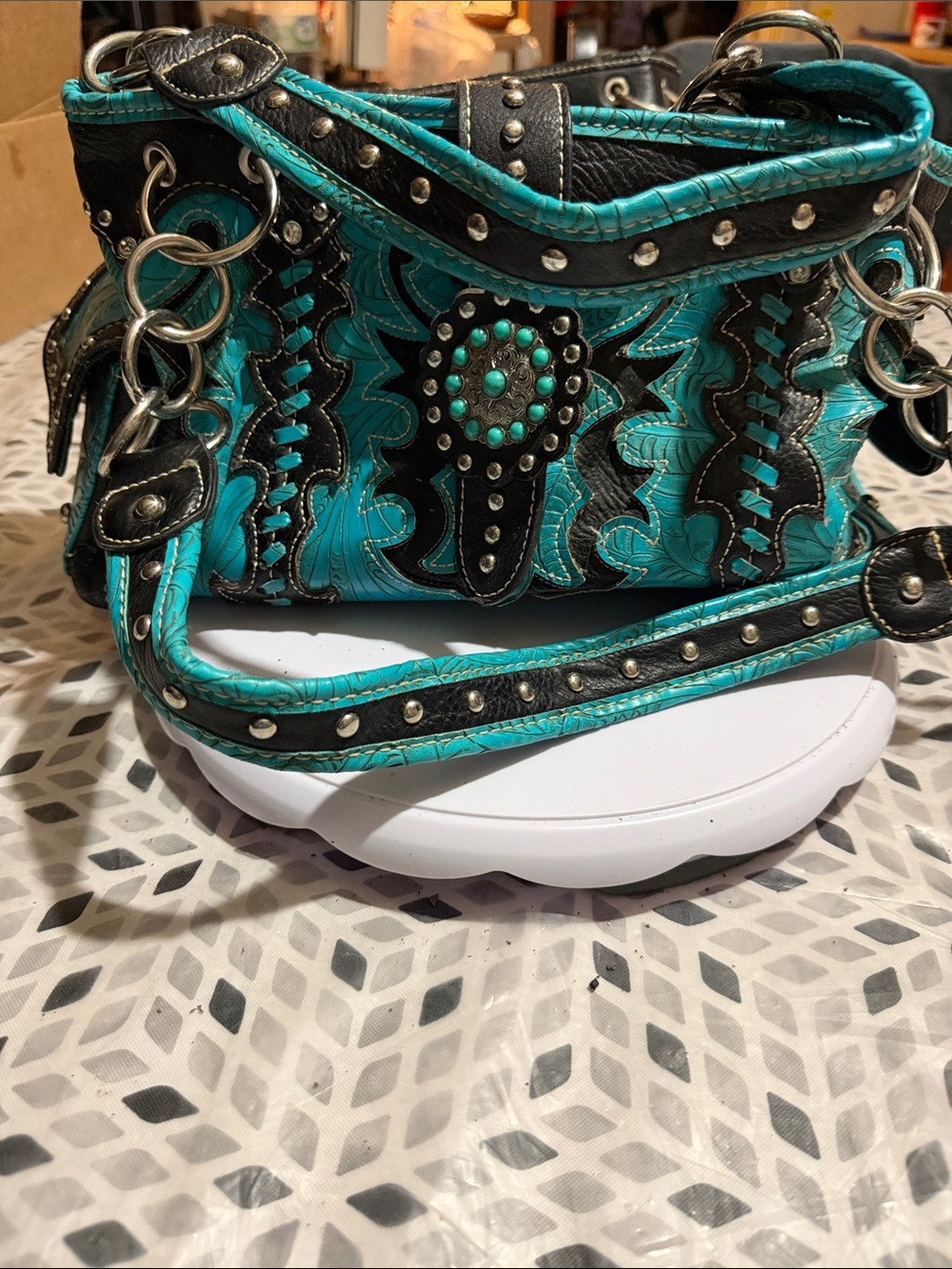 Mountain West Turquoise and Black Western Studded Tote Bag - Picture 7 of 7